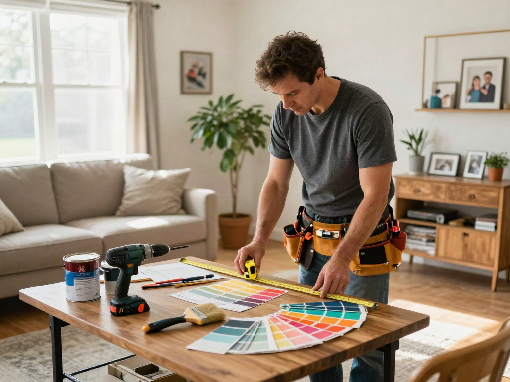 Home repair services Des Moines Iowa showcasing contractor working in cozy living room, tools and paint swatches nearby.