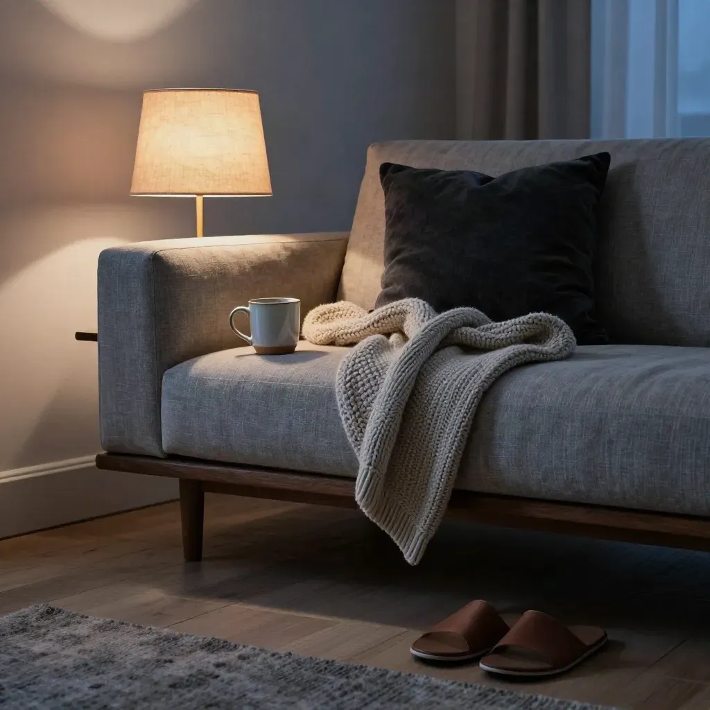 Cozy evening living room corner with mug, throw, lamp and slippers by a sofa.