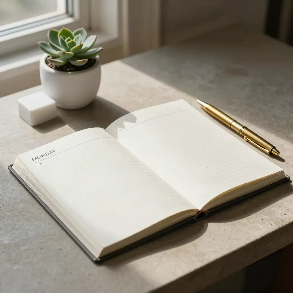 Top-down planner spread on stone desk with brass pen, succulent and paperweight in warm window light.