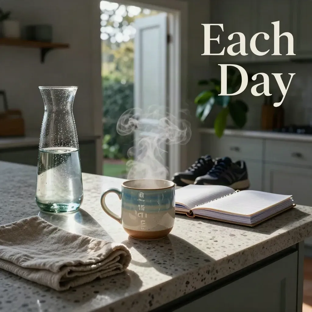 Steam rising from a morning mug beside a carafe, planner, shoes, and plant by a doorway.