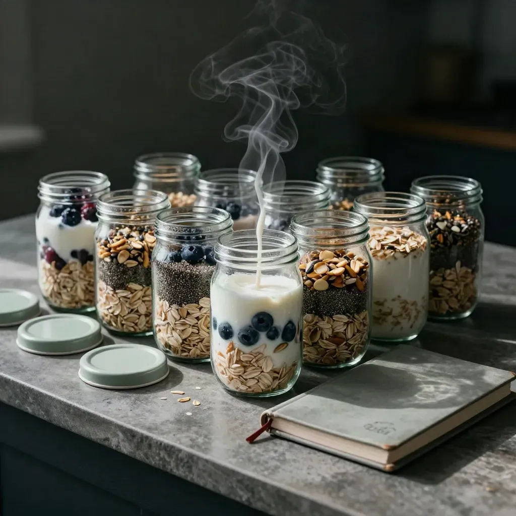 Seven breakfast jars on stone beside a closed habit notebook, with morning steam and a milk pour.