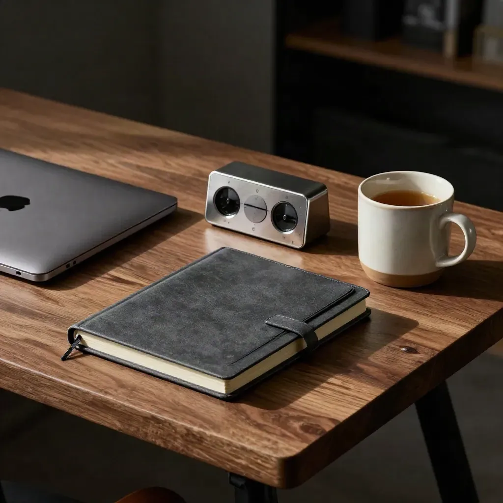 Closed laptop, task notebook, timer and mug on a walnut desk under moody side light.