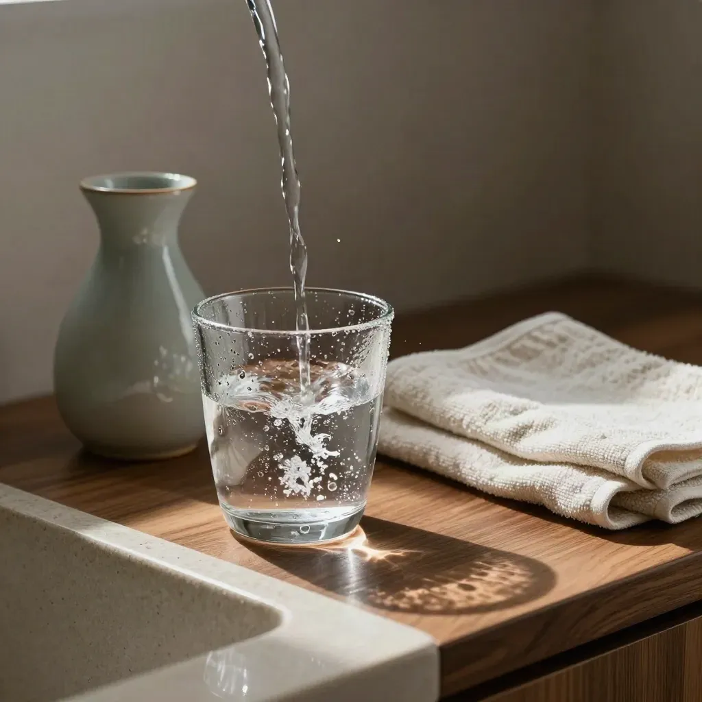 Condensation-covered glass being filled beside a ceramic carafe and folded towel on a walnut counter.