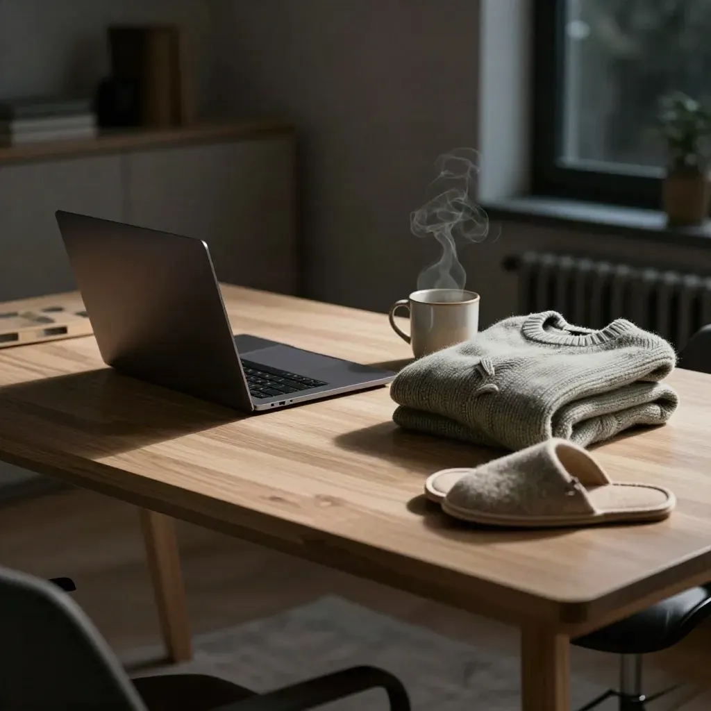 Closed laptop, folded sweater, slippers and cooling mug in a calm late-night home office