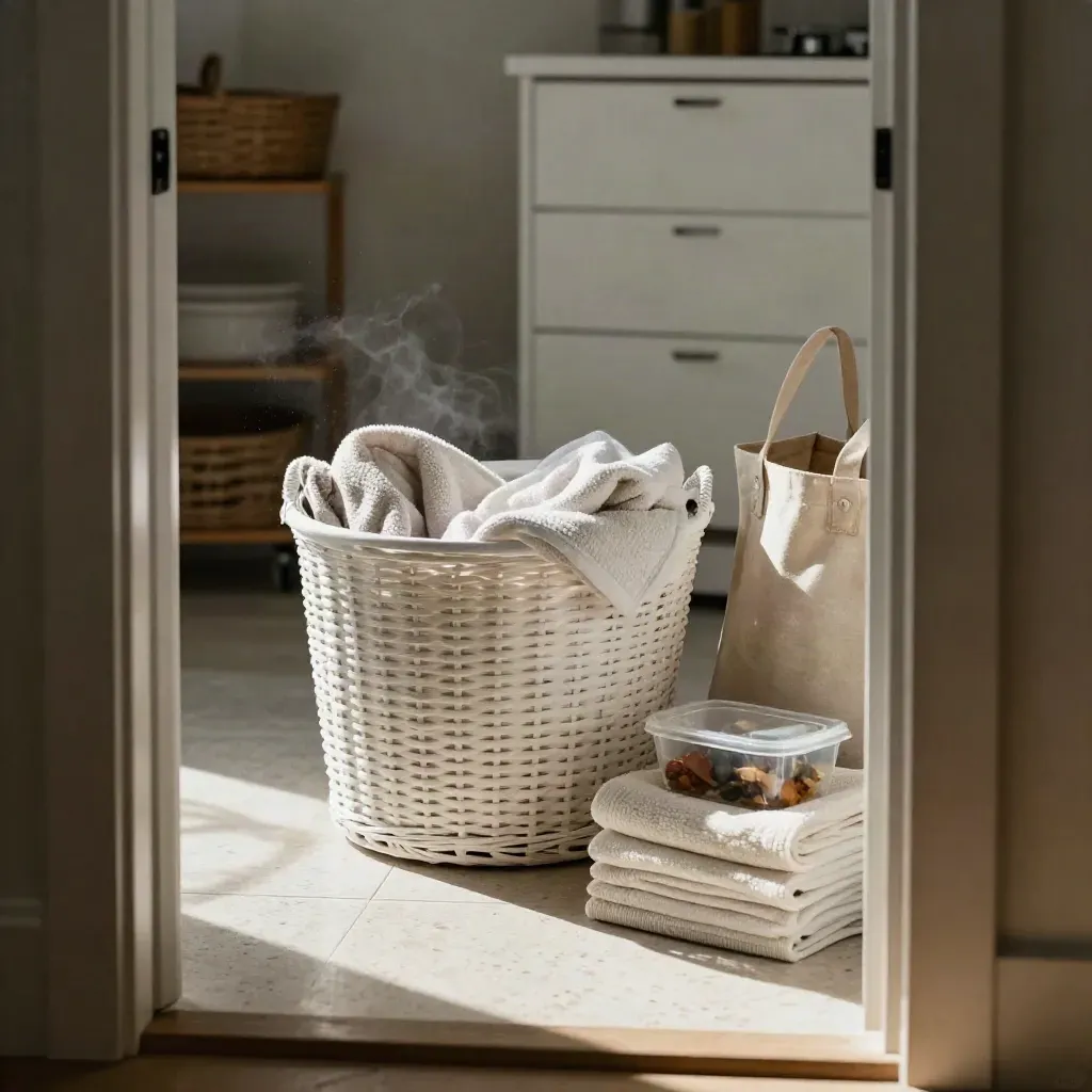 Sunday reset utility room with laundry basket, towels, grocery tote, and meal prep containers.