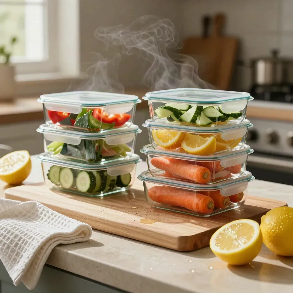 Glass meal prep containers with chopped vegetables, citrus, board, towel on a kitchen counter