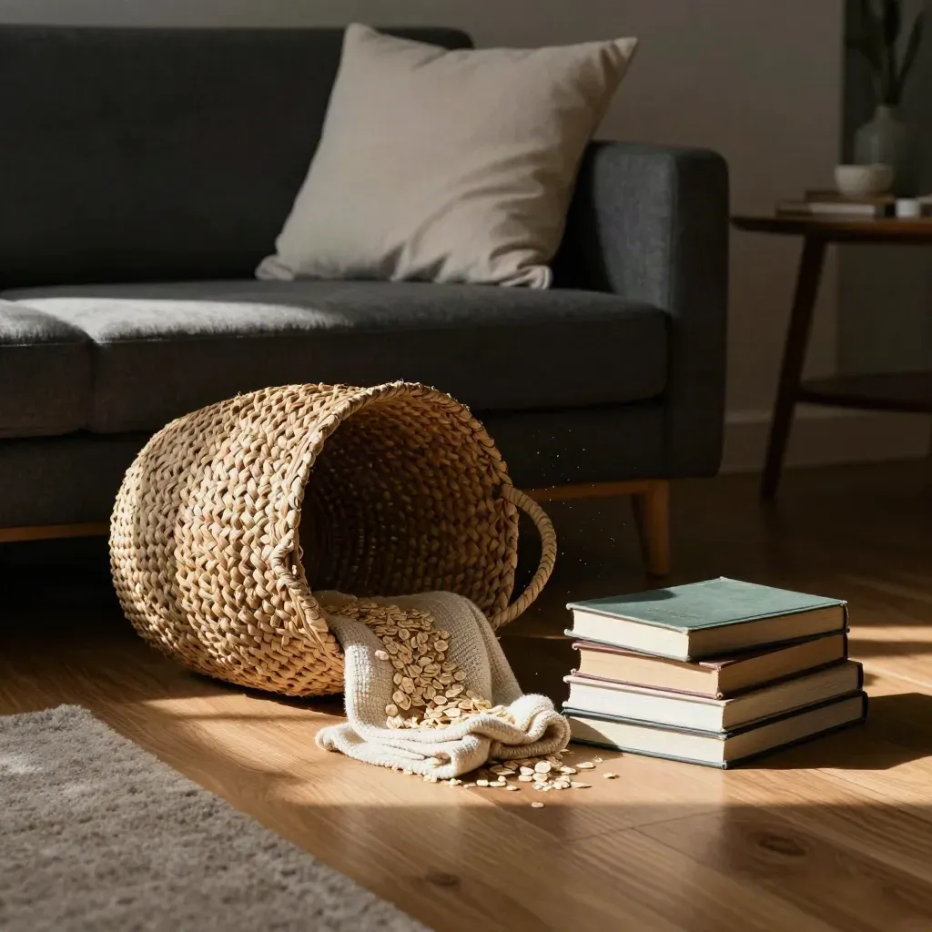 Basket, throw, books, and pillow settling back into a tidy sofa arrangement