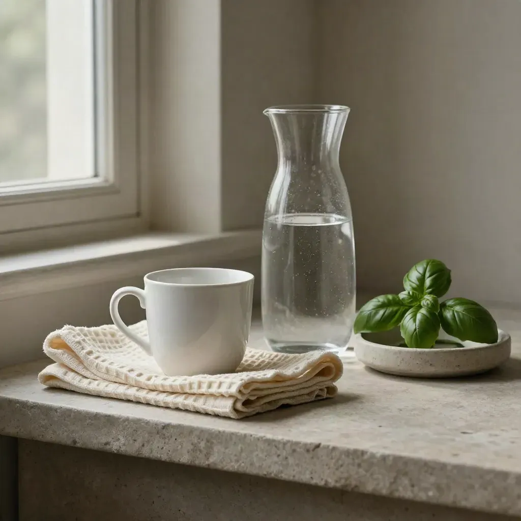 White mug, water carafe, folded cloth, and basil plant on a stone shelf in morning light
